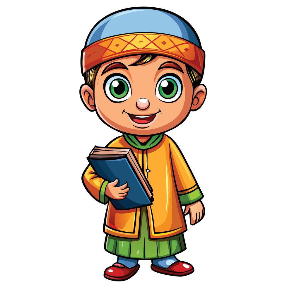 cartoon boy holding a book and wearing a turban vector