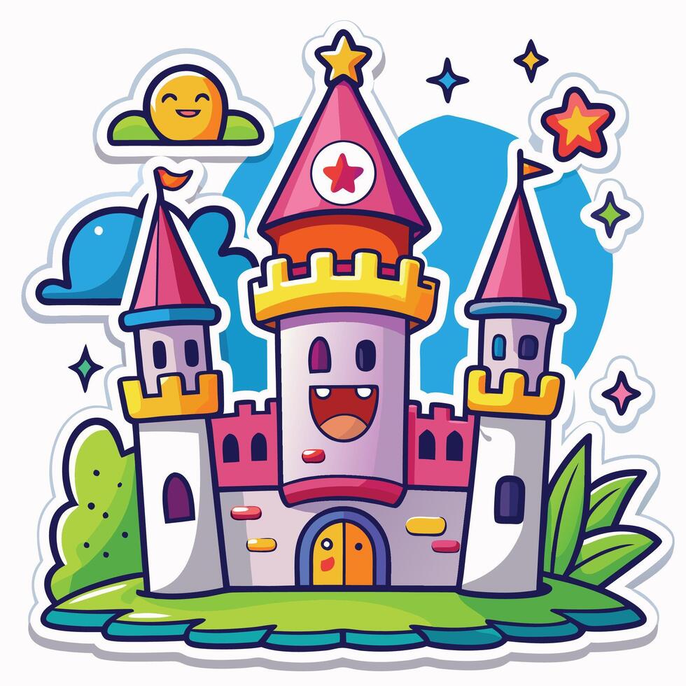 cartoon castle with happy face and stars vector