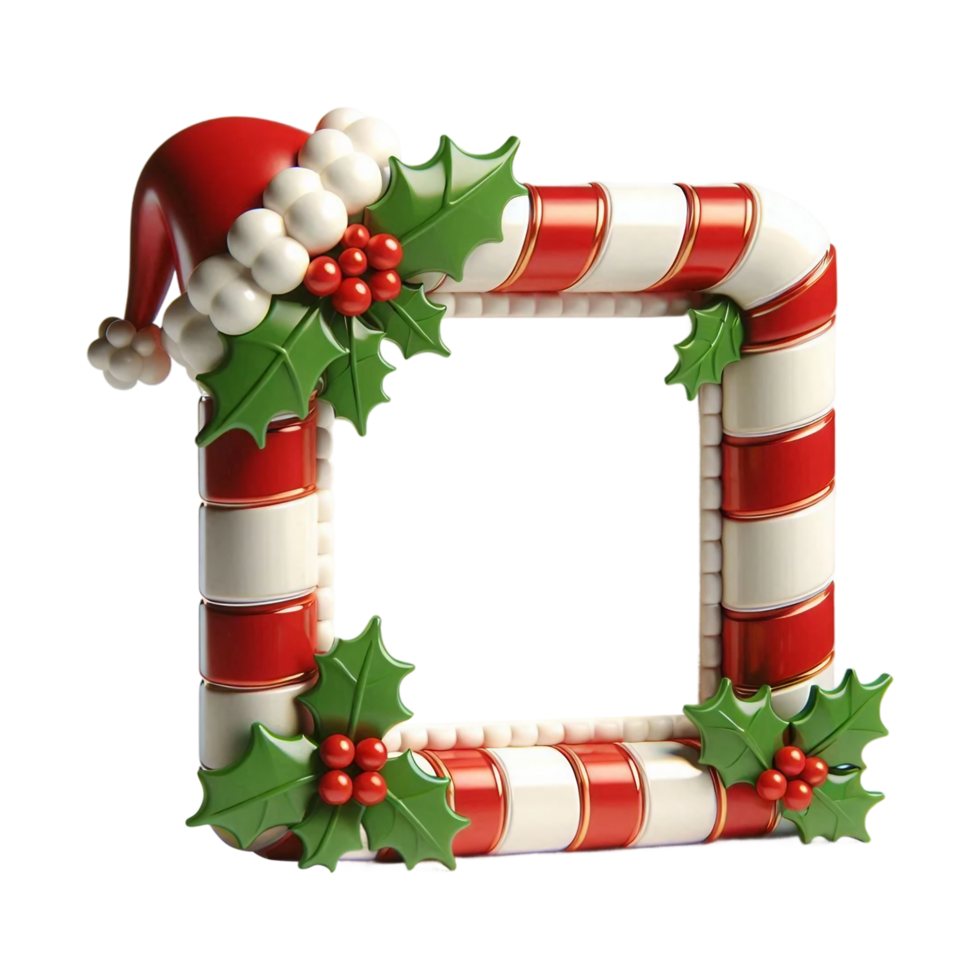Christmas red and white empty frame for text, decorated with Santa hat and holly branches with red berries. png