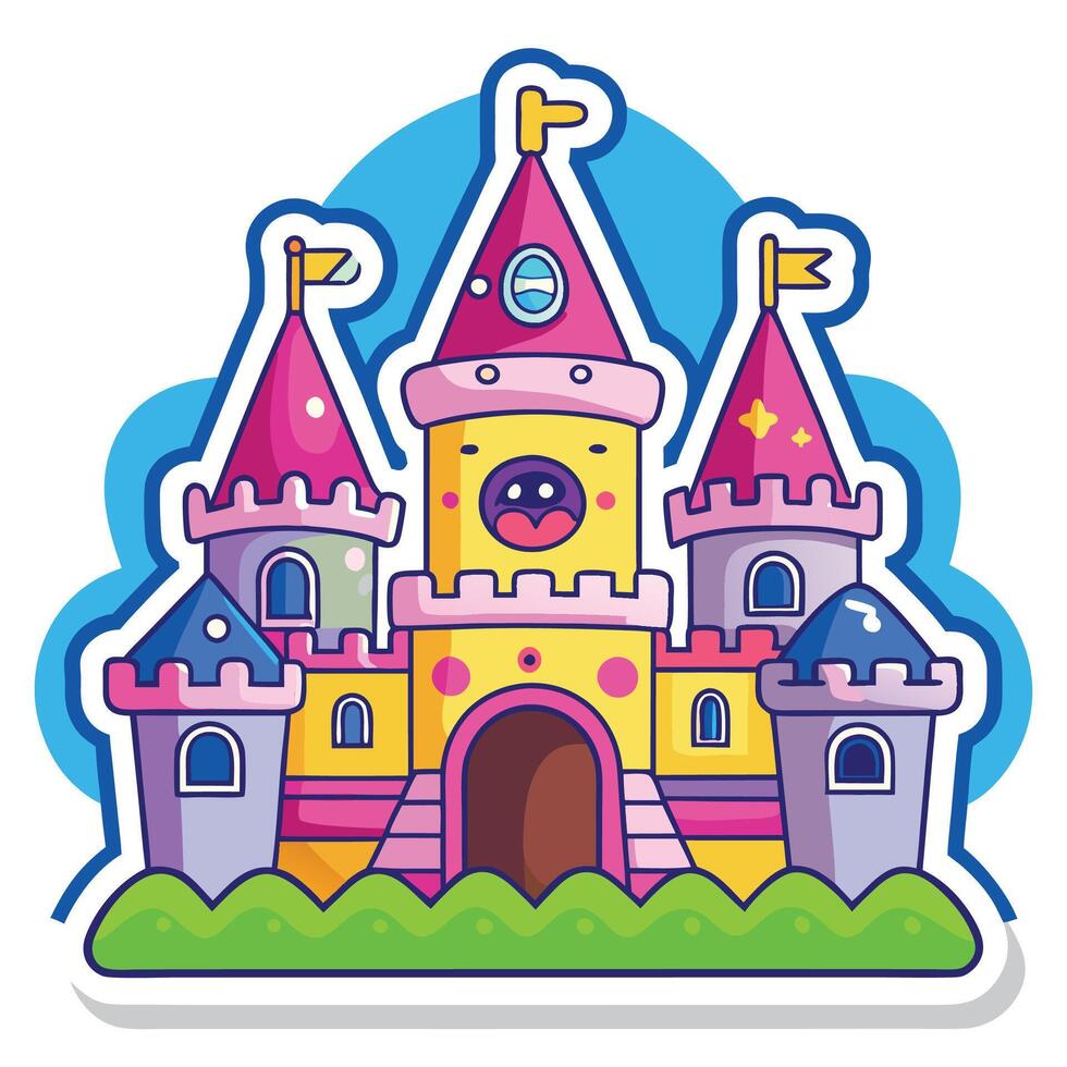 a cartoon castle with a pink roof and blue turrets vector