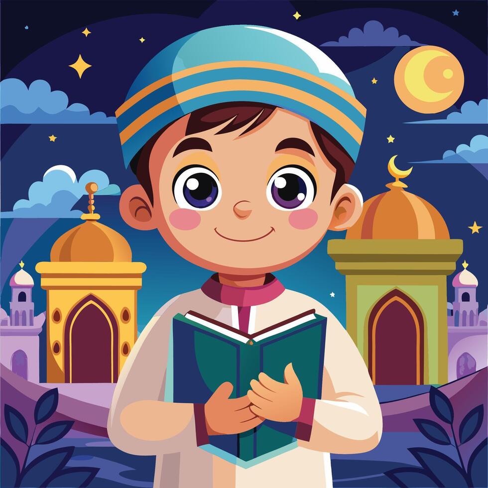 cartoon boy reading book in front of mosque at night vector