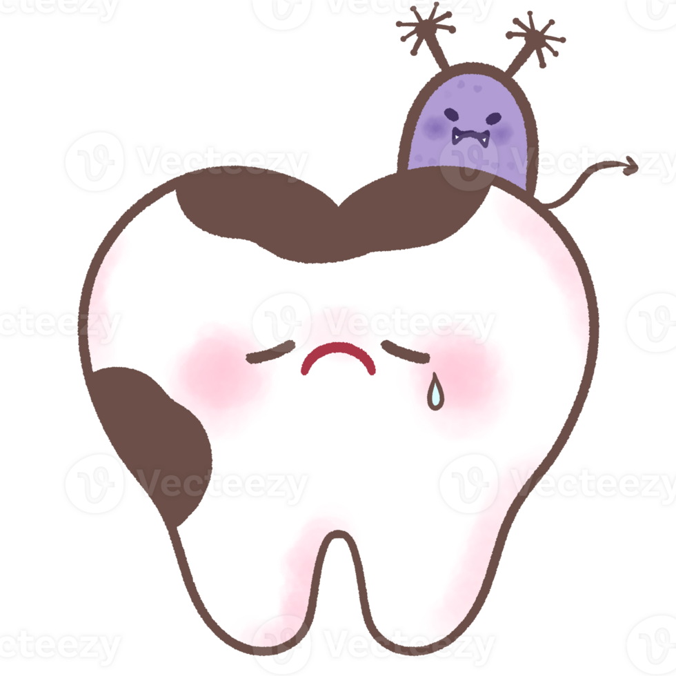Decayed tooth with bacteria dental problem dental icon Line art outline black line cartoon style isolated hand drawn illustration png