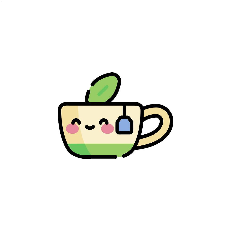 Tea cup with a cute face and a leaf vector