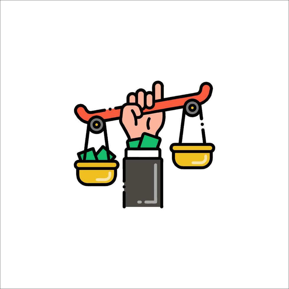 A hand holding a balance scale with money in it vector