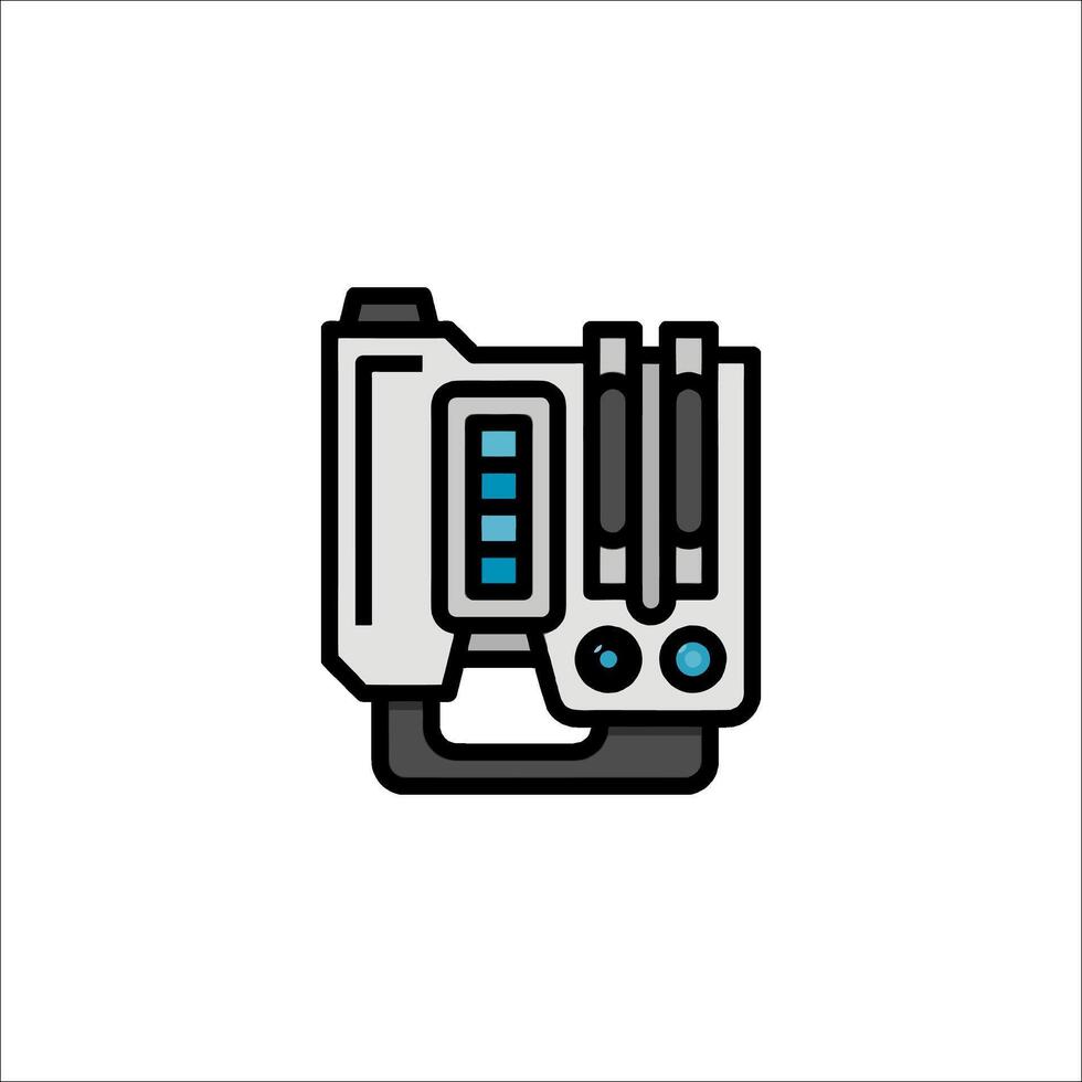 A blue and white icon of a computer vector
