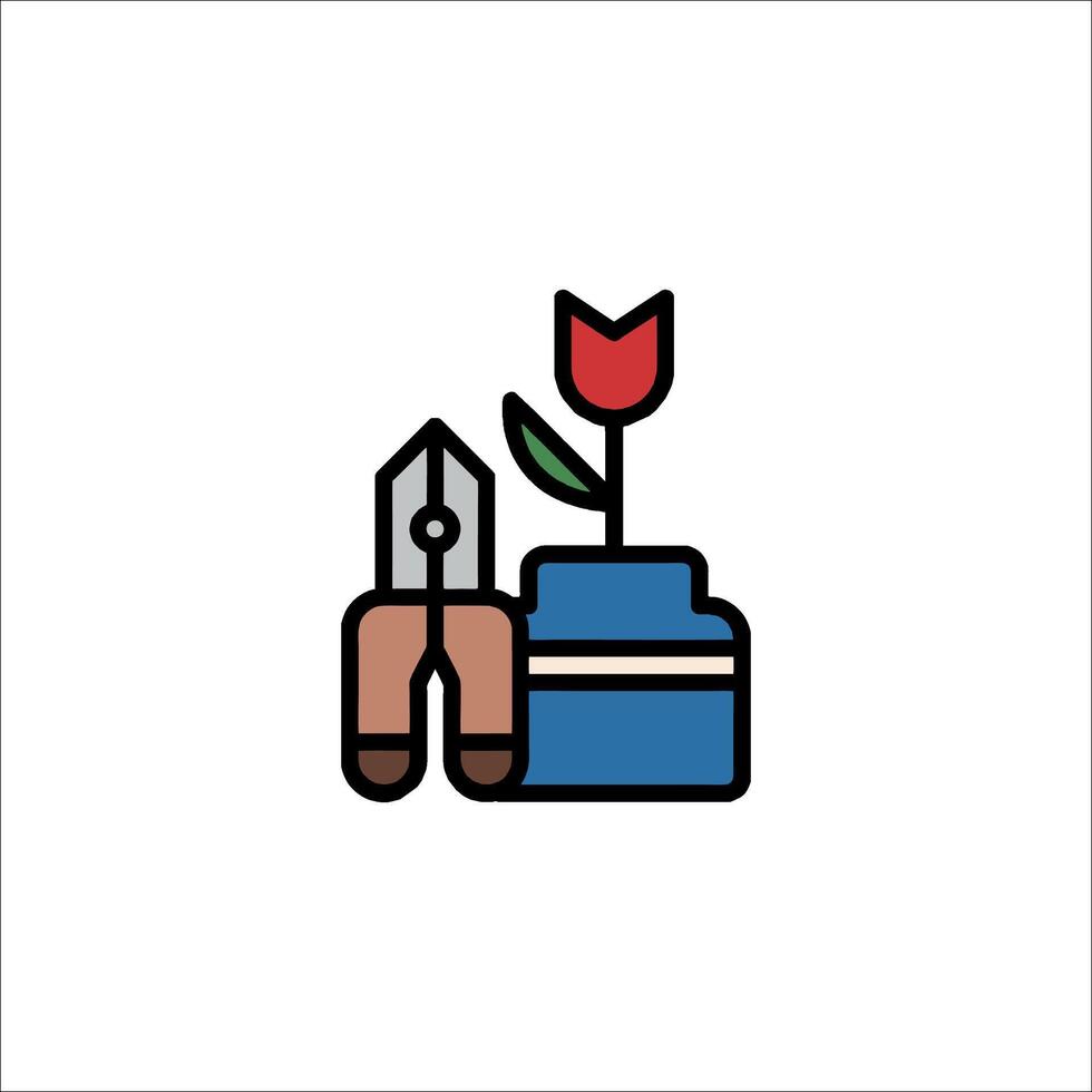 A flower pot and scissors are shown in a flat line style vector