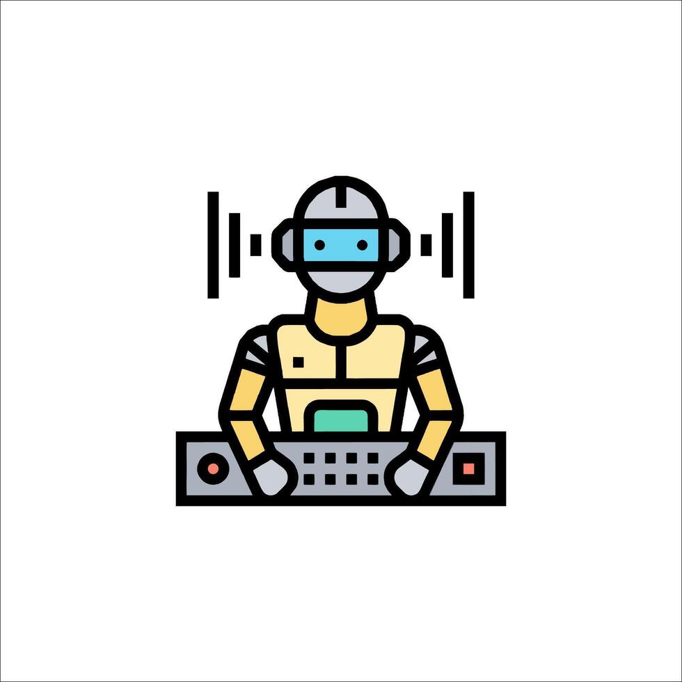 A robot is sitting at a computer and playing music vector