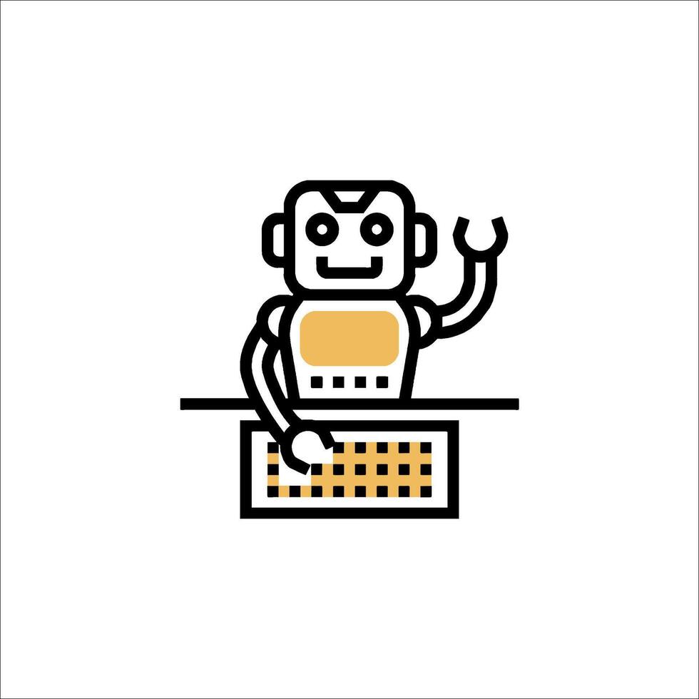 A robot is sitting at a desk with a keyboard vector
