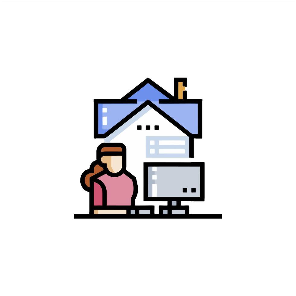 A woman is working at a computer in front of a house vector