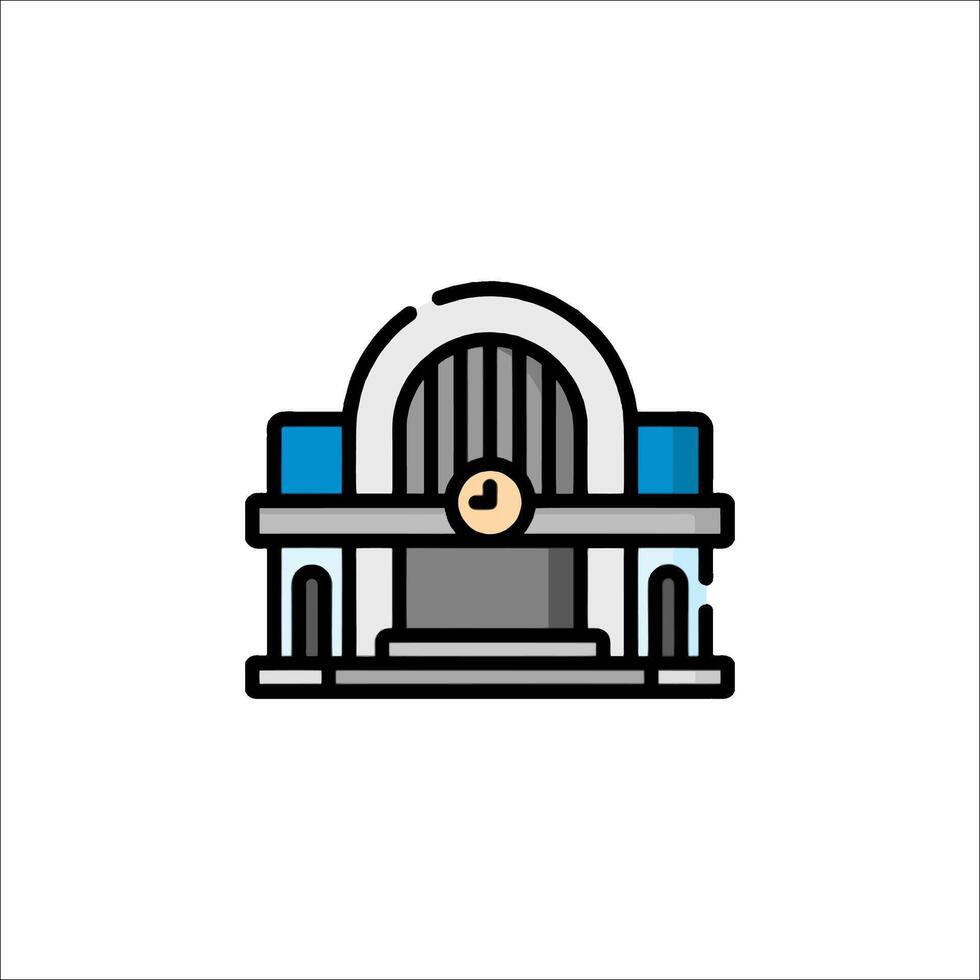 A blue and white icon of a building vector