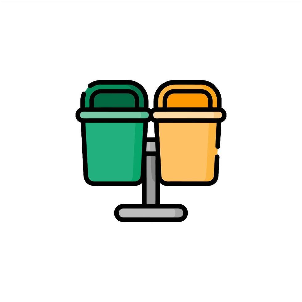 Two trash cans on a table with a green and orange lid vector