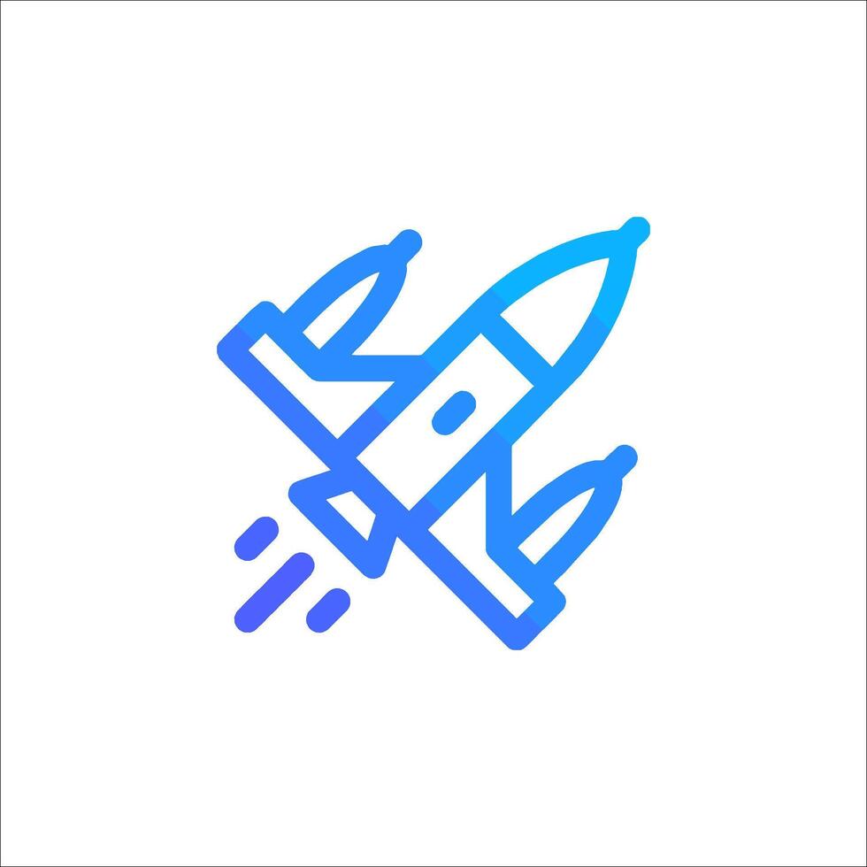 A blue and white line icon of a rocket vector