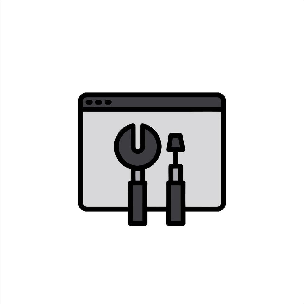 A black and white icon of a wrench and a computer vector