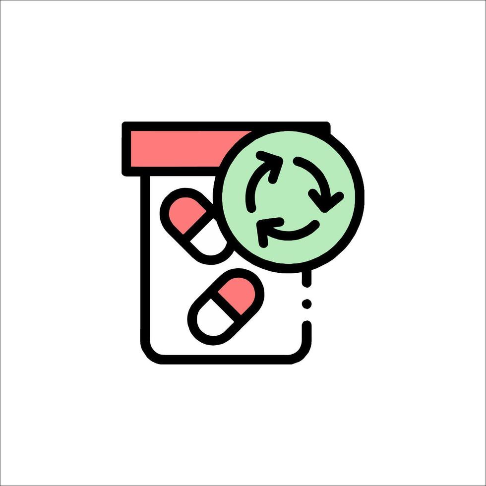 A pill bottle with pills inside and a green arrow vector