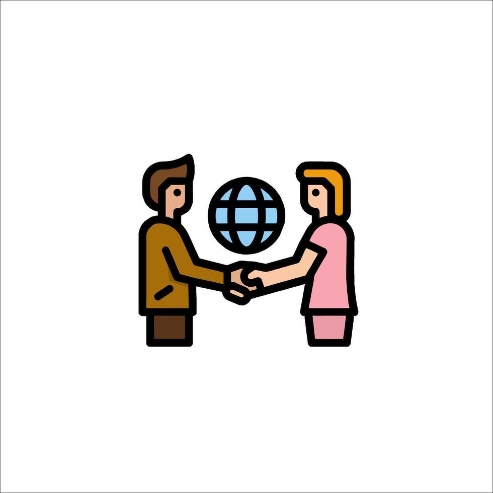 Two people shaking hands with a globe in the middle vector