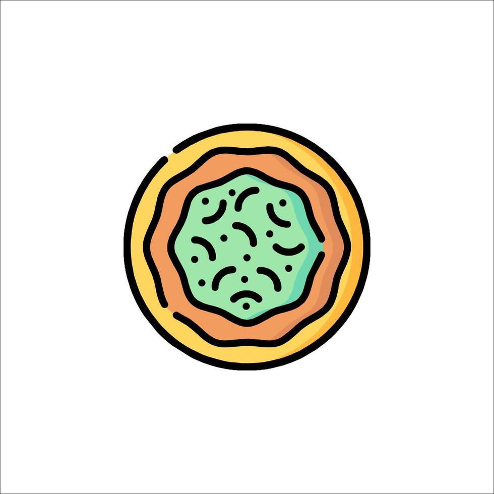 A colorful, flat, circular icon of a slice of pizza vector