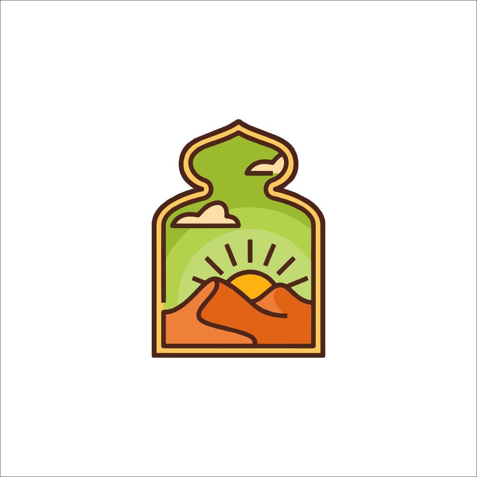 A desert landscape with a sun and mountains vector