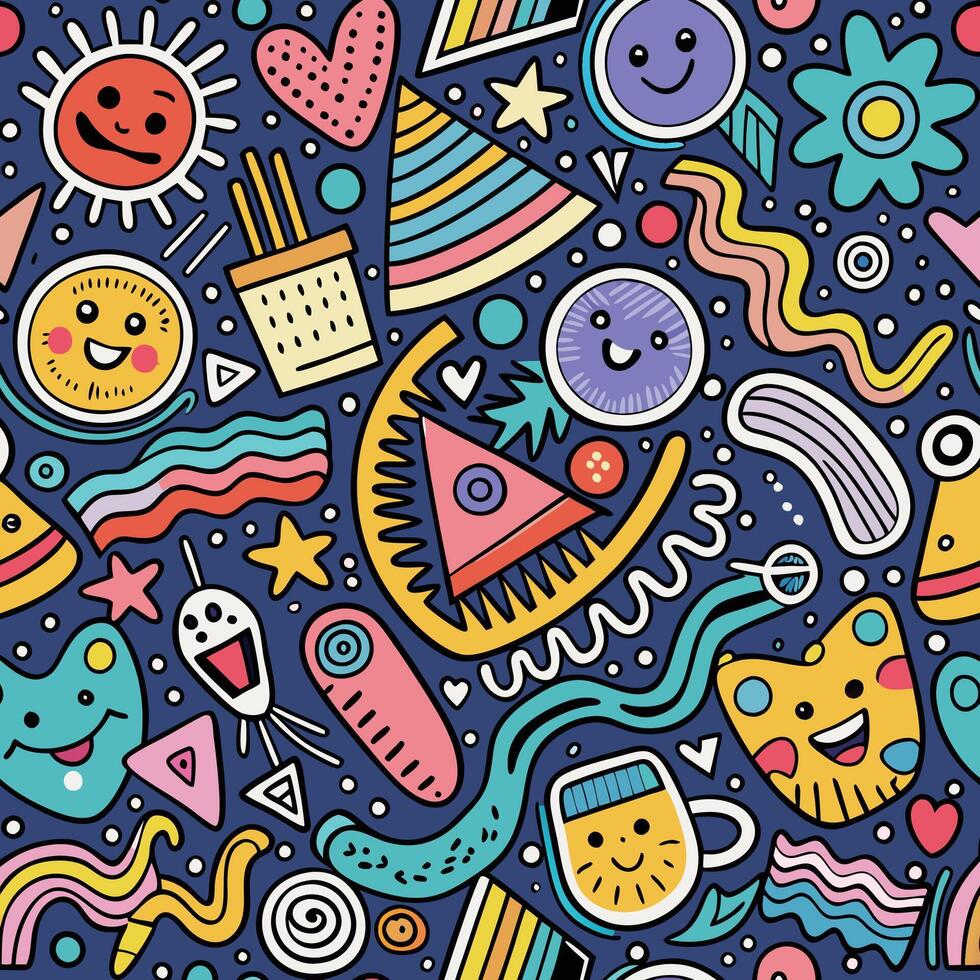 seamless pattern with cartoon characters and objects vector