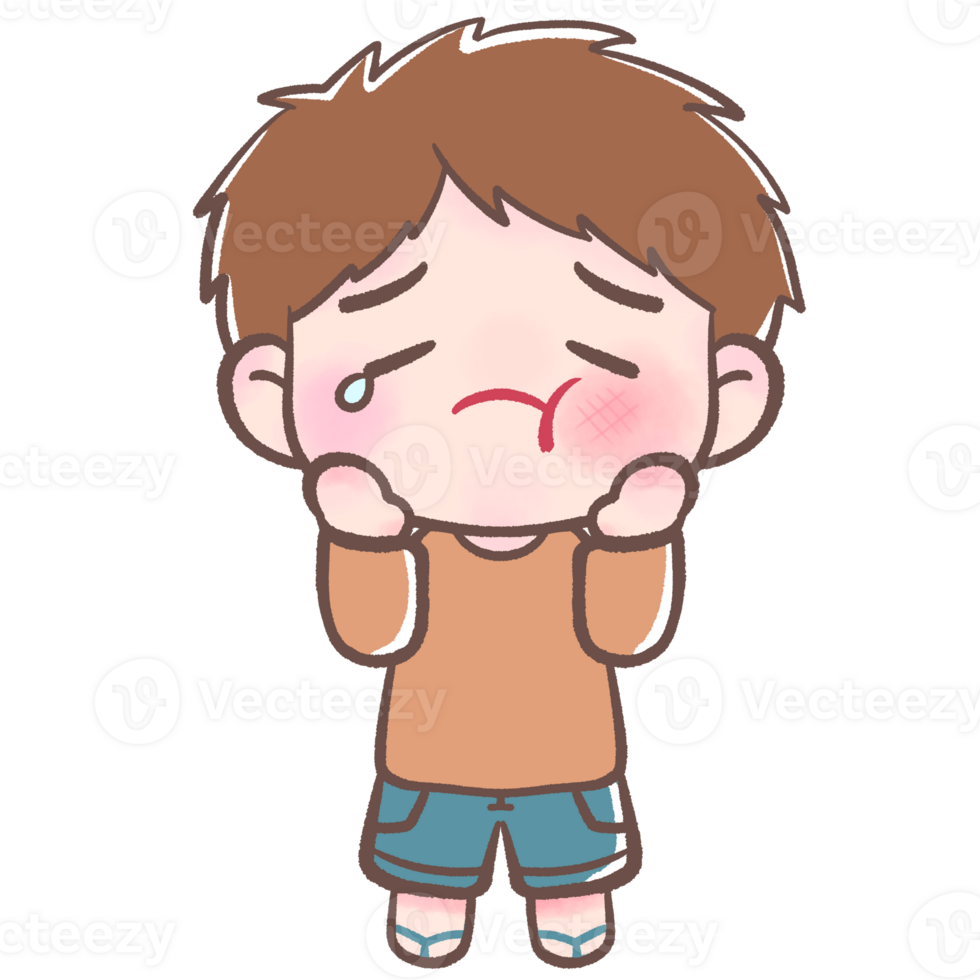 A boy suffering from toothache holding his cheek dental problem in cartoon style isolated hand drawn illustration png