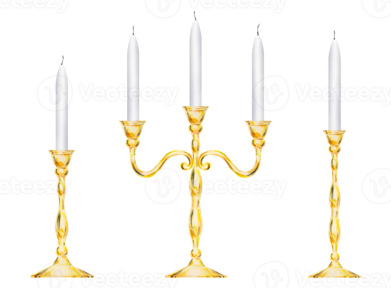 Watercolor isolated cliparts of elegant gold candelabra with three white candles and two candlesticks with candles. Perfect for weddings, event decor, romantic dinners, Valentine's Day, Christmas png