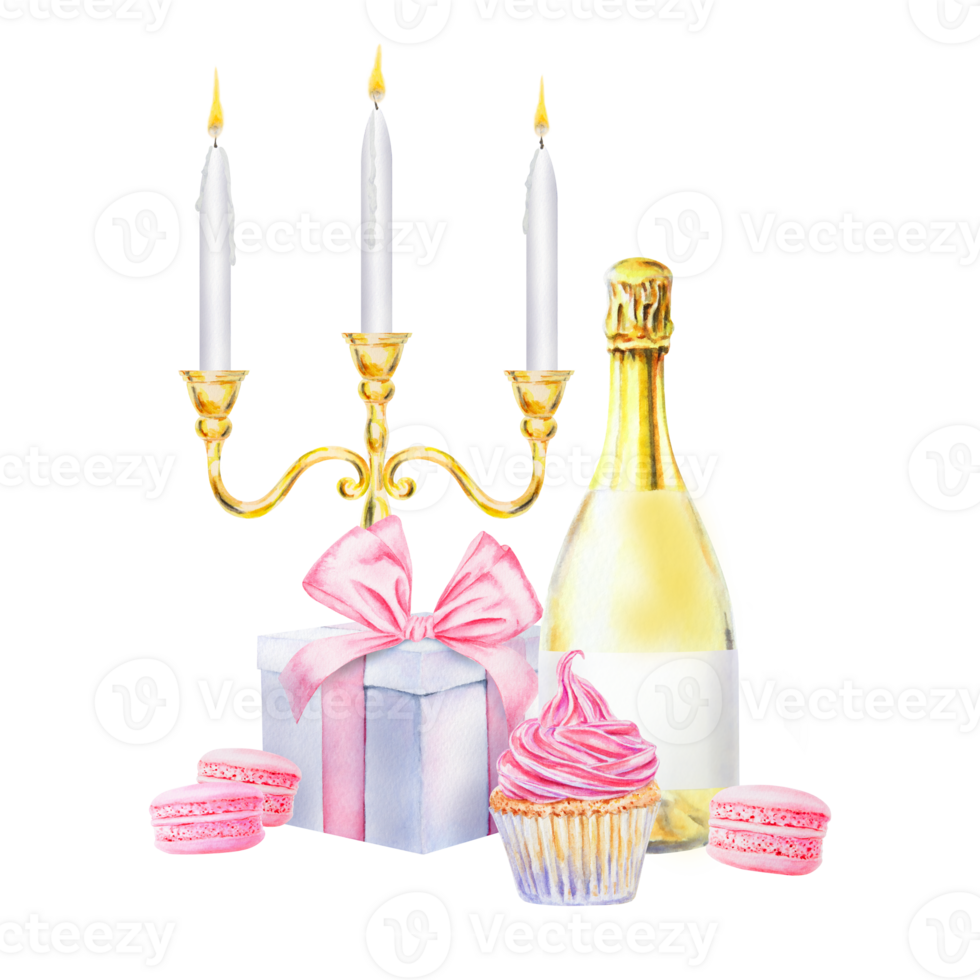 Watercolor illustration of Gold candelabra with three lit white candles, bottle of champagne, pink cupcake, pastel macarons and gift box tied with pink ribbon perfect for wedding or holiday themes png