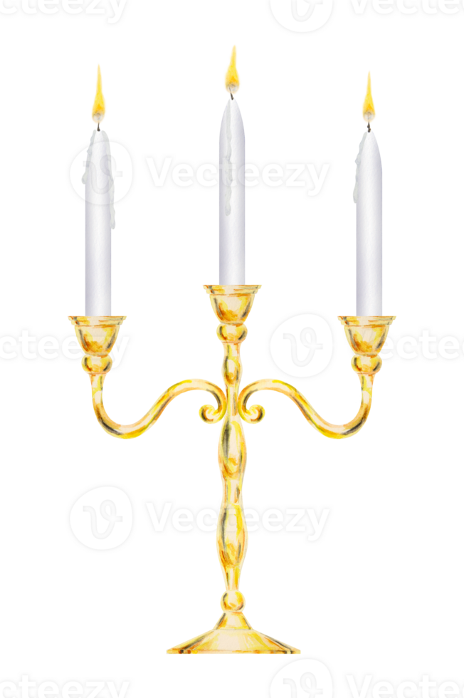 Watercolor isolated clip art of elegant golden candelabra with three white candles burning with yellow flame. Perfect for weddings, event decor, romantic dinners, Valentine's Day, Christmas png