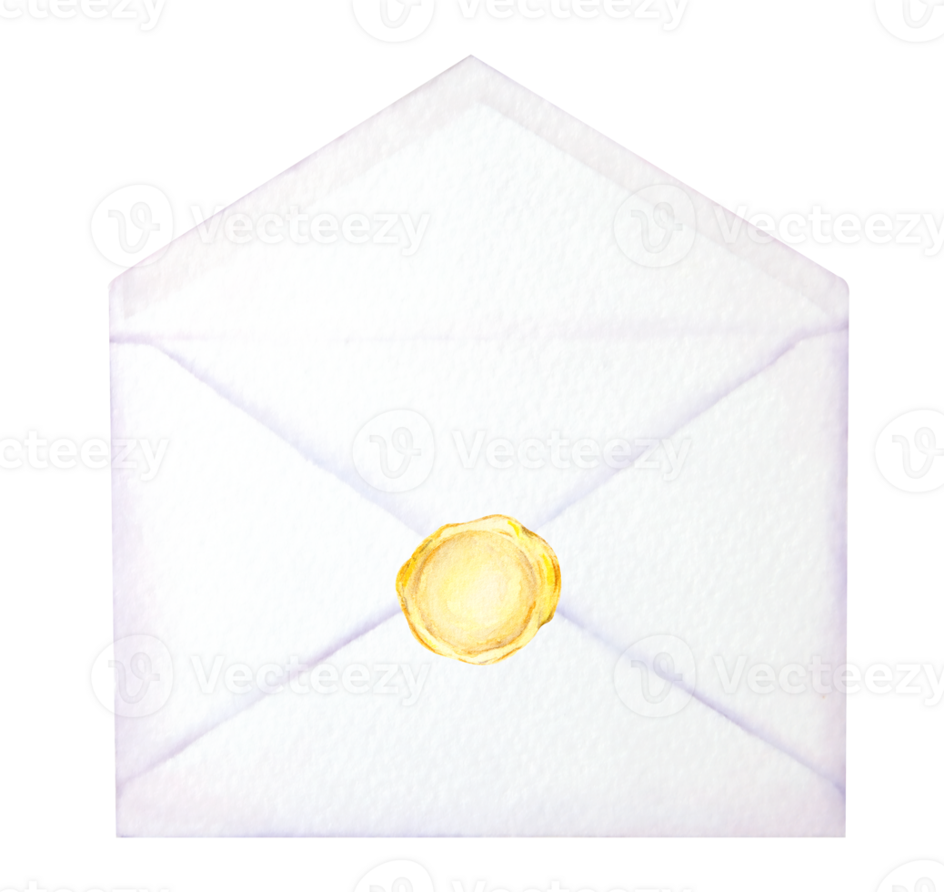 Watercolor isolated illustration of an opened white envelope with a gold wax seal. Perfect for wedding invitations, romantic messages, love letters, birthday cards, Valentine's Day, Christmas designs png