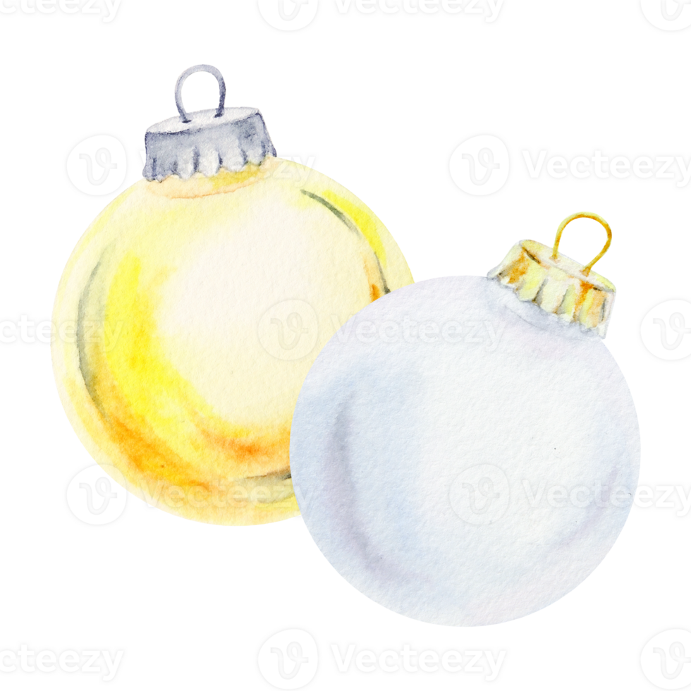 Watercolor isolated clipart of golden and white Christmas ornaments with a metallic cap and a loop for hanging. A festive decoration perfect for Christmas designs, holiday cards, and seasonal project png
