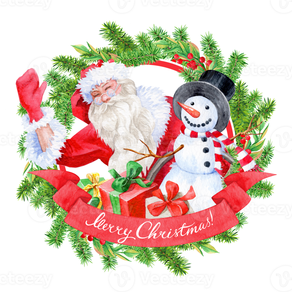 Watercolor illustration with Snowman and Santa Claus greeting. Boxes with bows in wreath of green firs and lettering on the ribbon png
