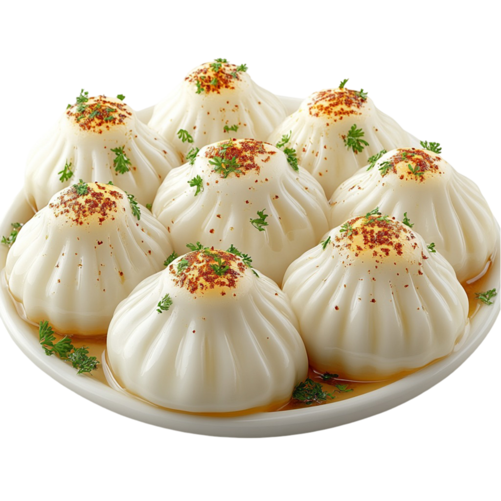 a plate of dumplings with sauce on top png