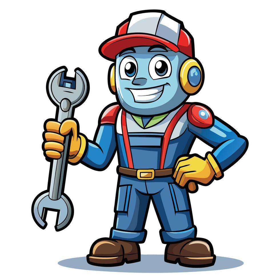 cartoon blue robot mechanic holding a wrench vector
