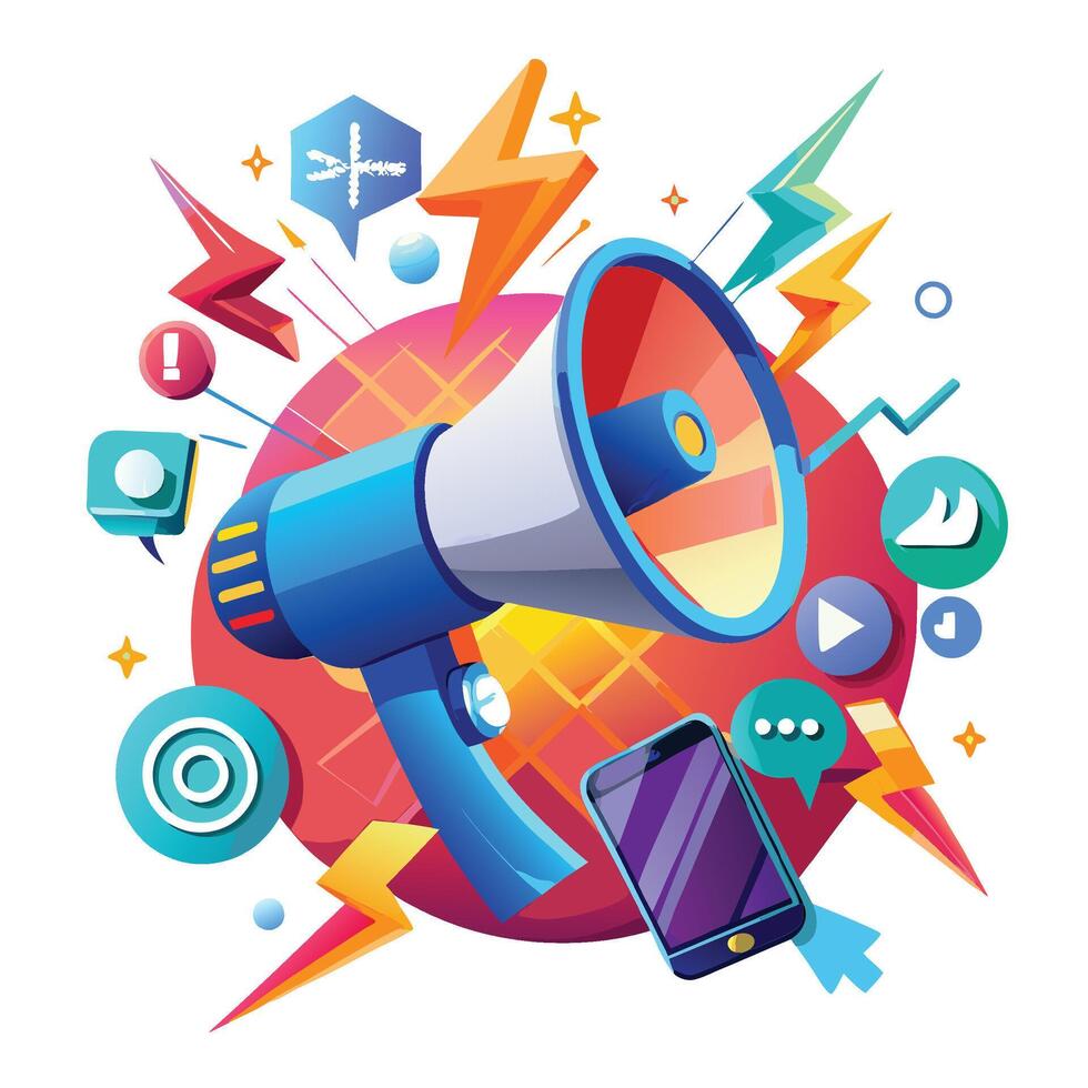 a megaphone with social icons around it vector