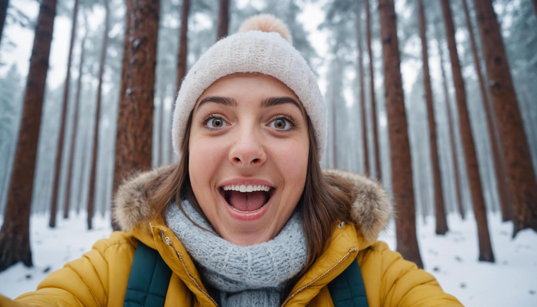 Close-up portrait of a woman with a surprised but happy expression, posing for a selfie smiling broadly, snowy forest background. photo