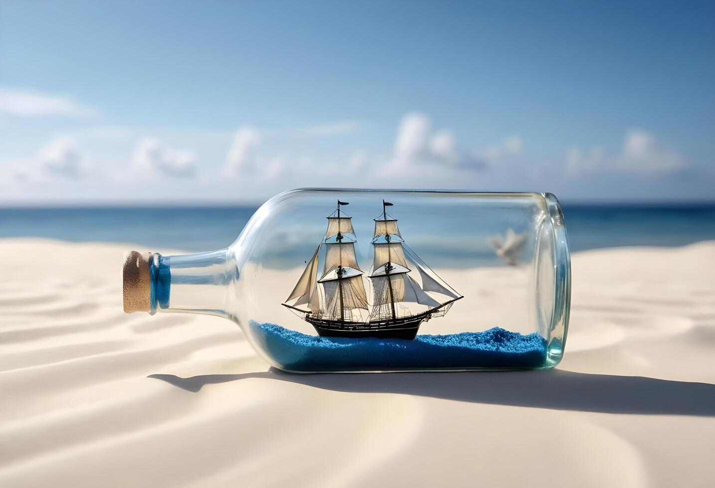 Miniature Ship in a Bottle, Dreamy Coastal Scene photo