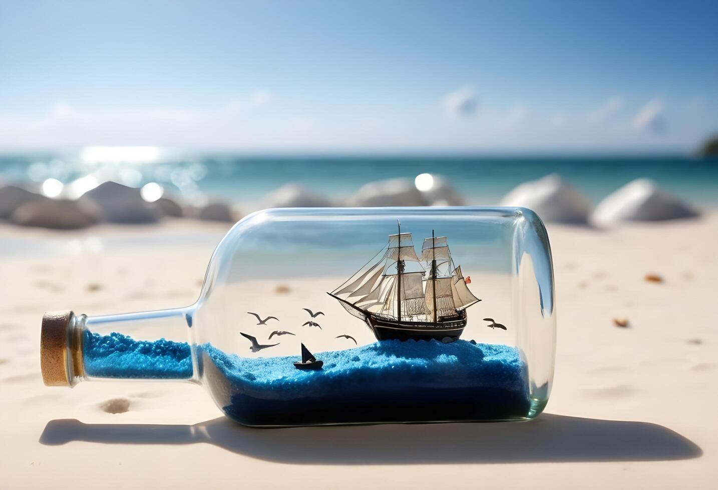 Miniature Ship in a Bottle, Dreamy Coastal Scene photo