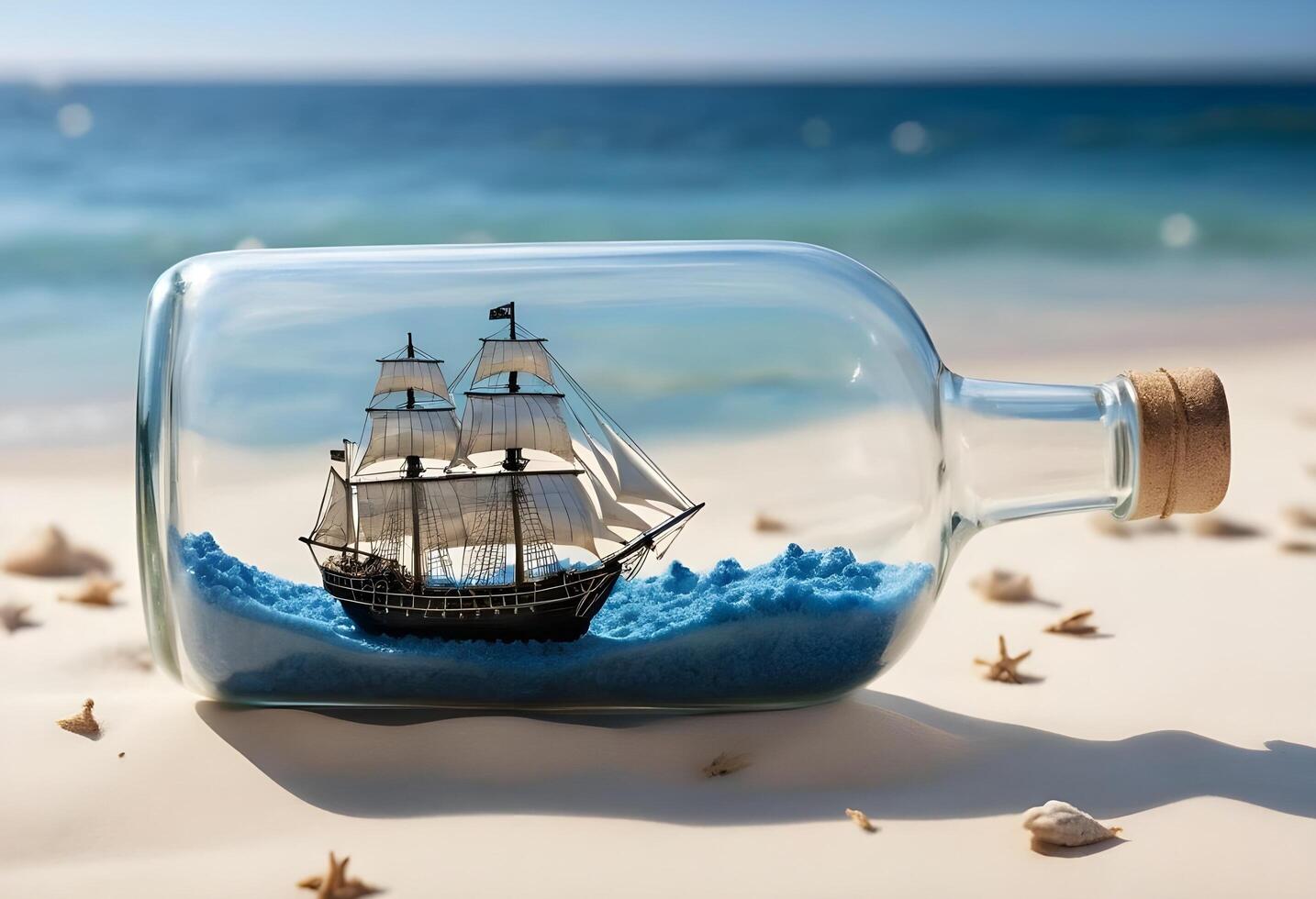 Miniature Ship in a Bottle, Dreamy Coastal Scene photo
