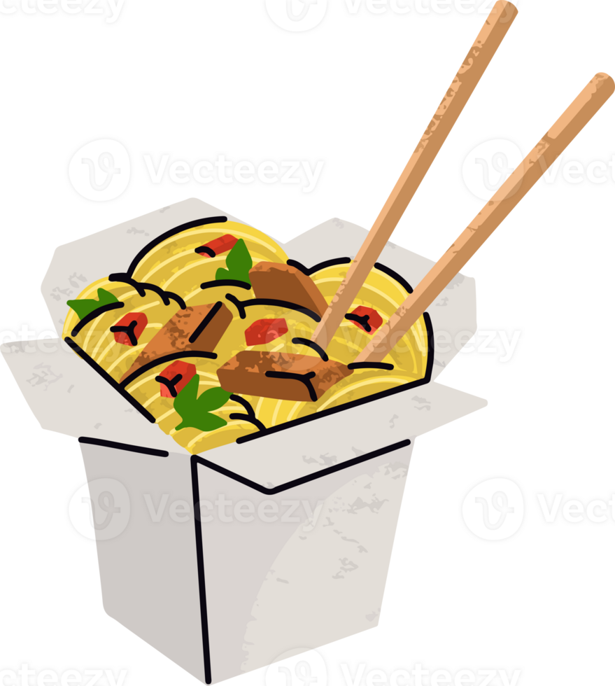 Chinese food in a box with chopsticks png