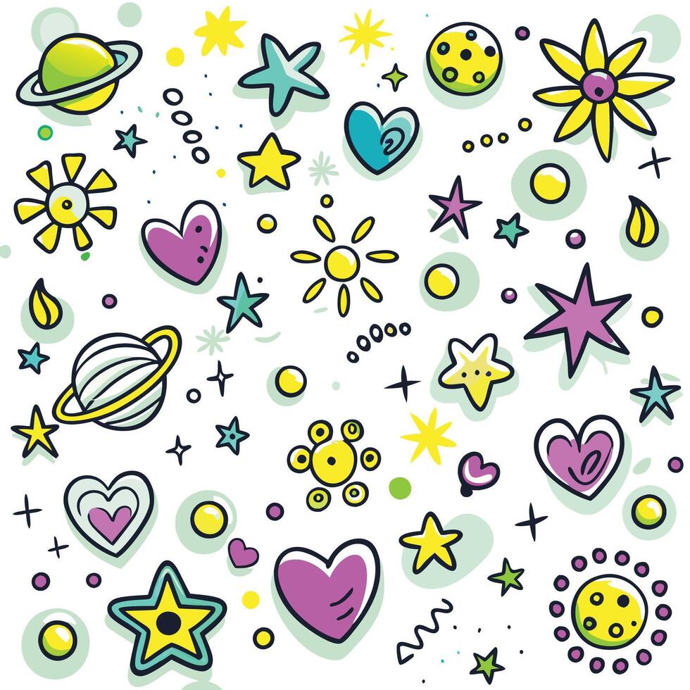 a set of colorful doodles with stars, hearts and planets vector