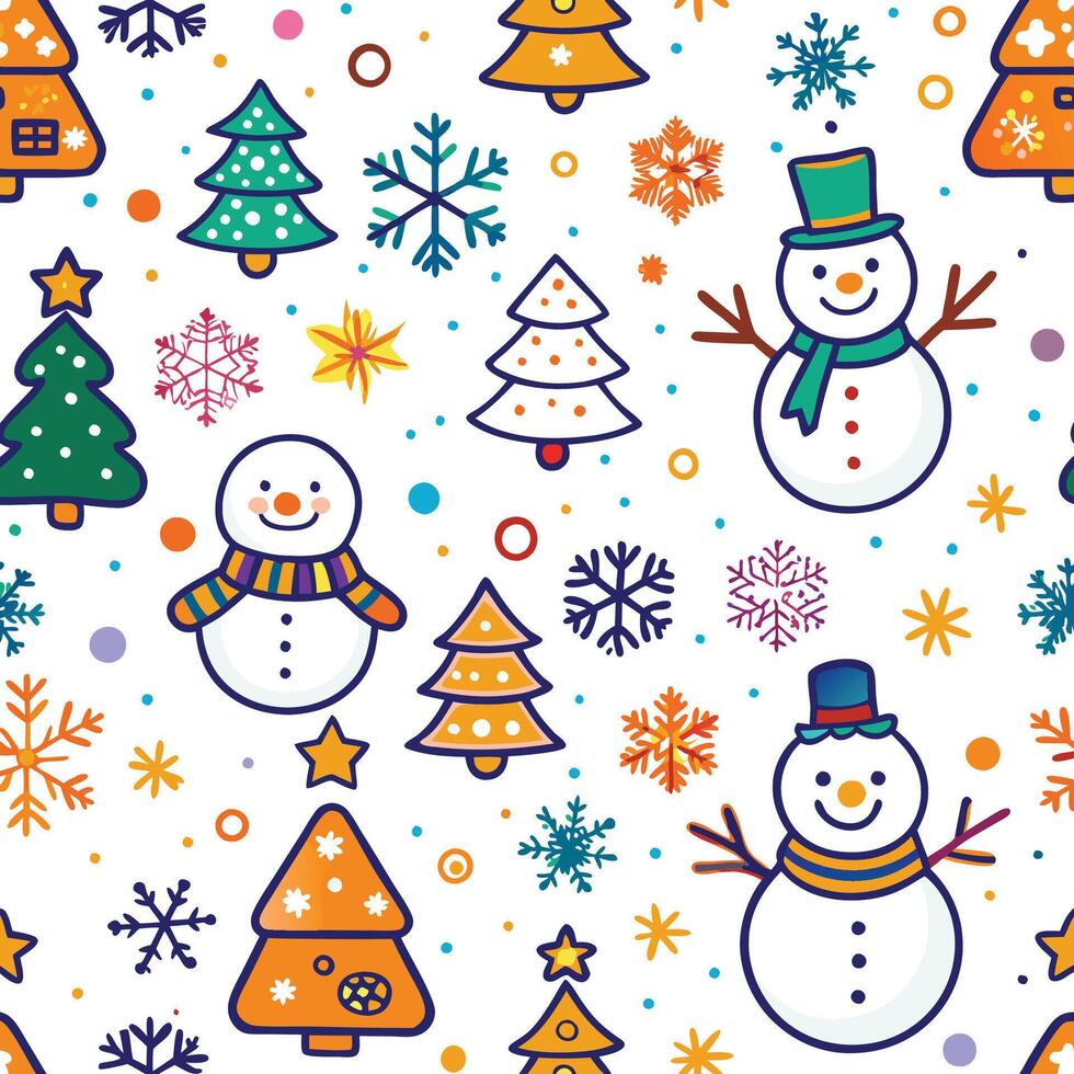 christmas seamless pattern with snowman, christmas tree and fir trees vector