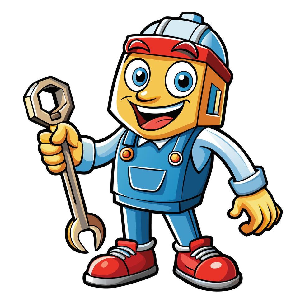 cartoon mechanic holding a wrench illustration vector