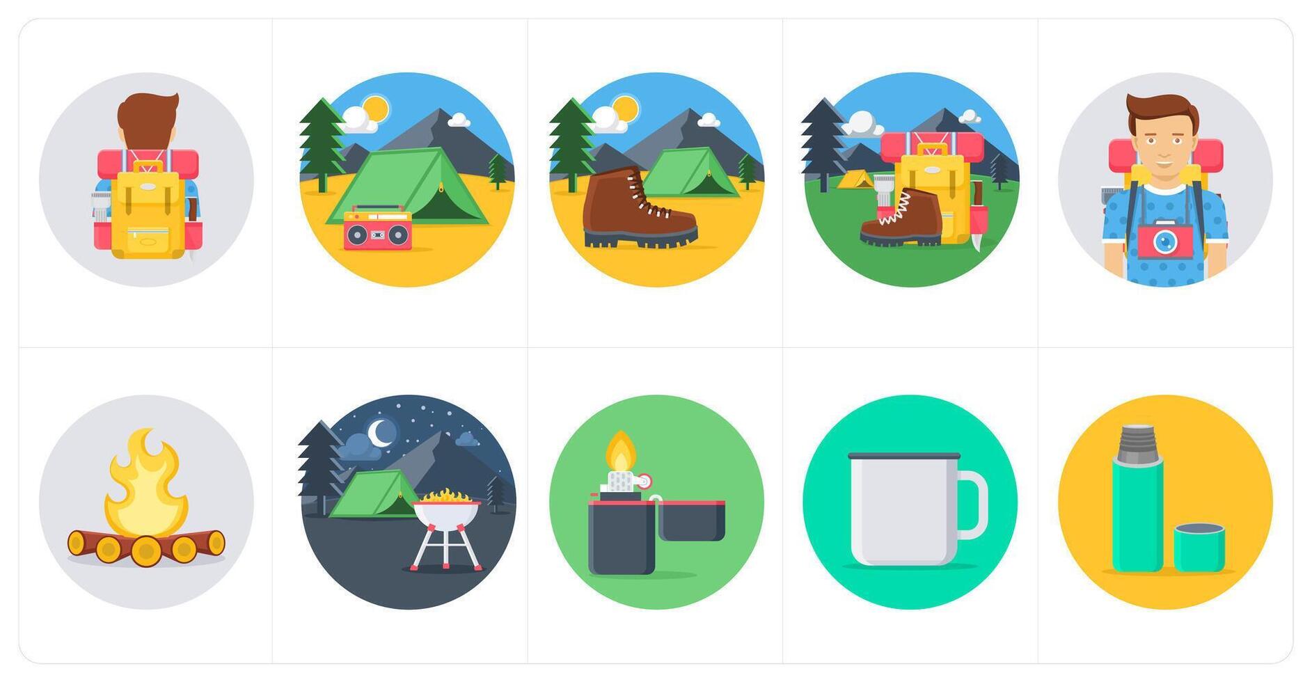 A set of 10 camping icons as backpack, camp, hiking shoes vector