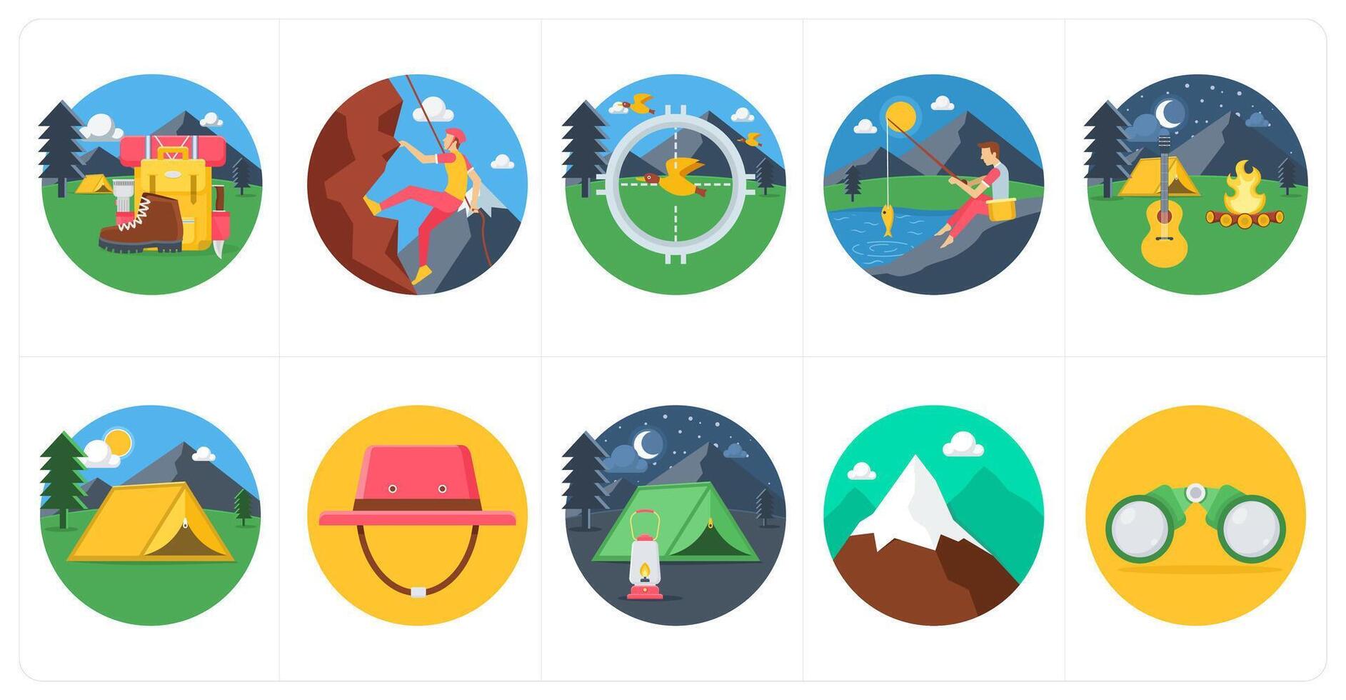 A set of 10 camping icons as vacation, mountain climbing, bird hunting vector
