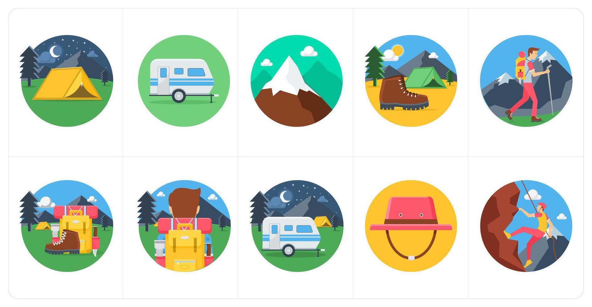 A set of 10 camping icons as camping, camping bus, hills vector