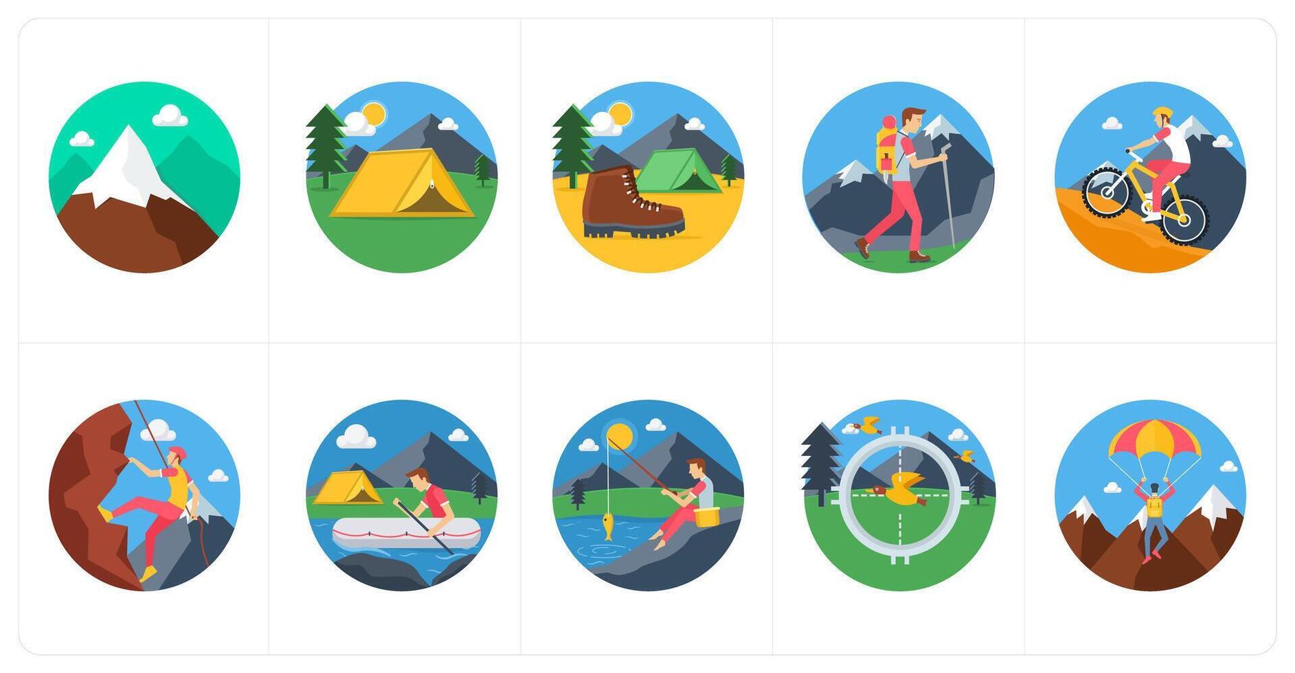 A set of 10 camping icons as hills, camping, hiking shoes vector