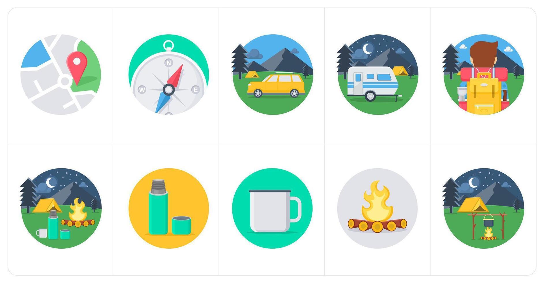 A set of 10 camping icons as pin, compass, taxi vector