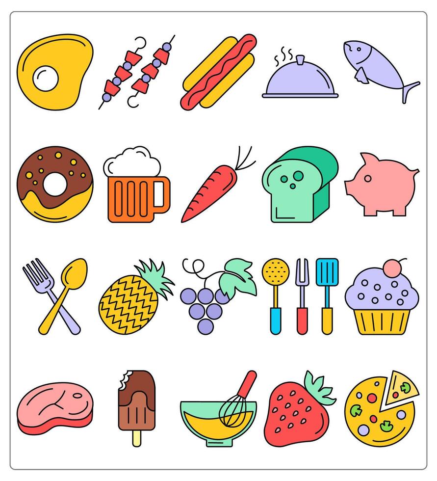 A set of 20 food icons as fried egg, barbecue, hot dog vector