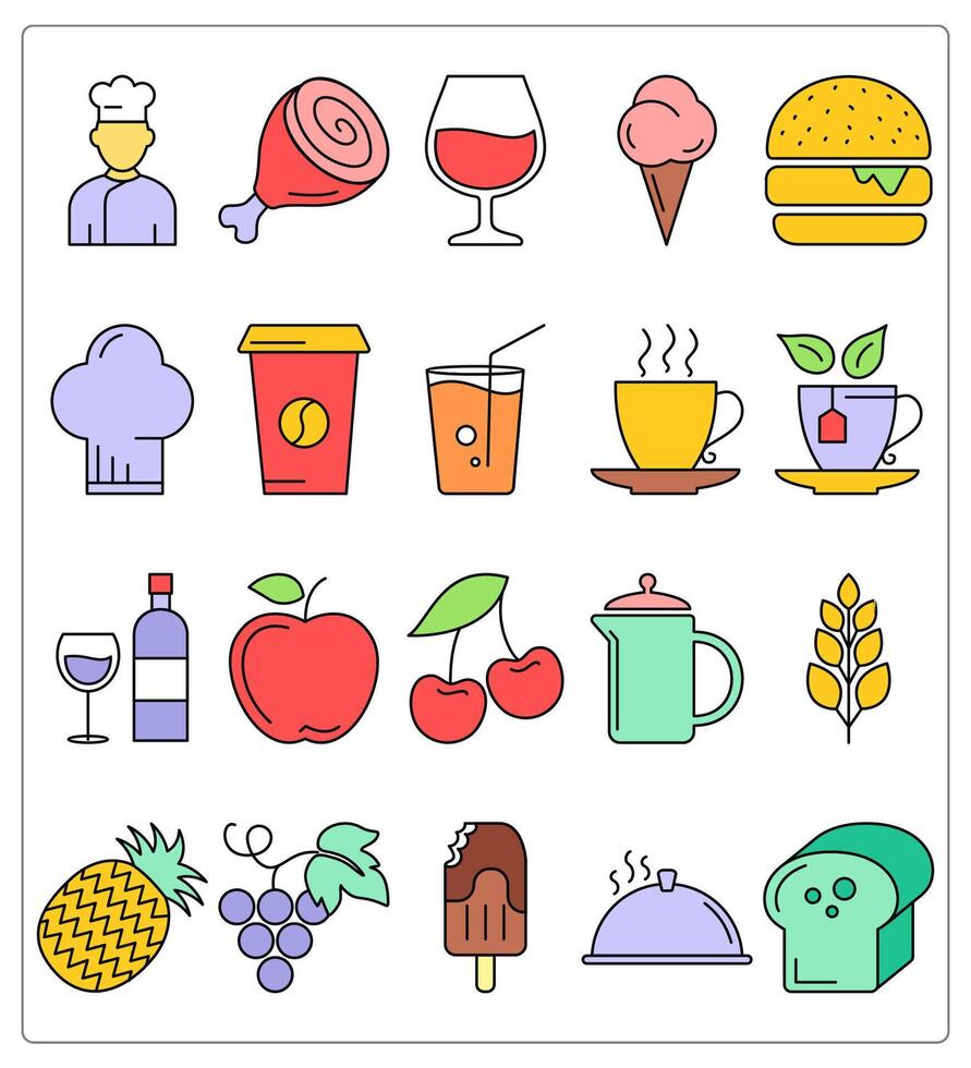 A set of 20 food icons as waiter, chicken leg, drink vector