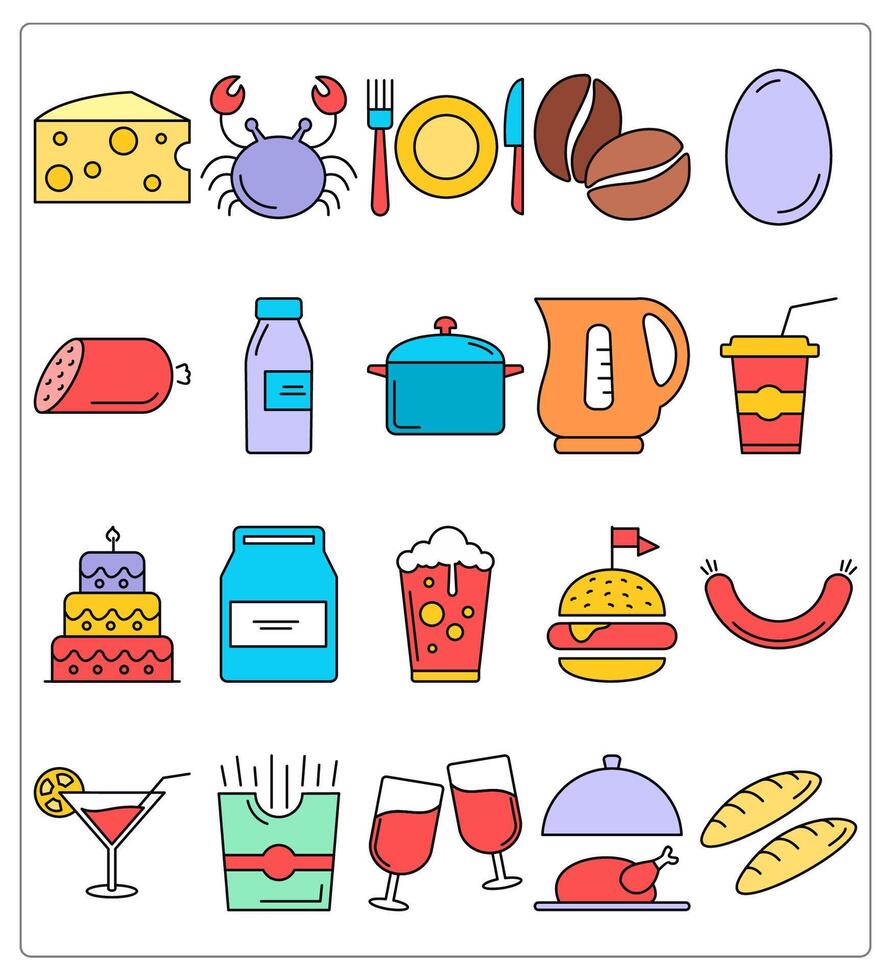 A set of 20 food icons as cheese, crab, cutlery vector