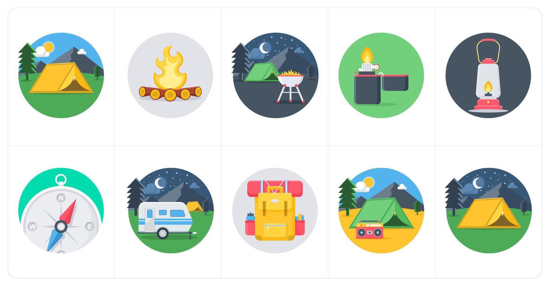 A set of 10 camping icons as camping, bonfire, barbecue vector