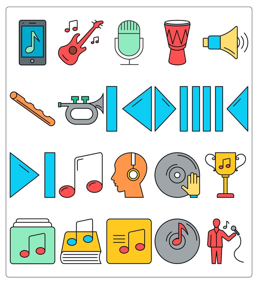 A set of 20 music icons as mobile music, guitar, mic vector